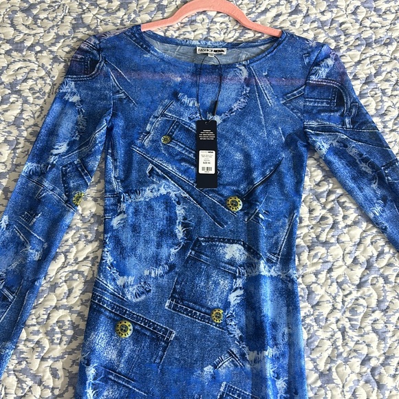 Fashion Nova Delilah Denim Print Mesh Midi Dress - Picture 2 of 6